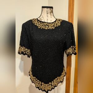 Laurence Kazar Heavily Beaded Black Gold Sequin Blouse XL Formal Vintage 80's